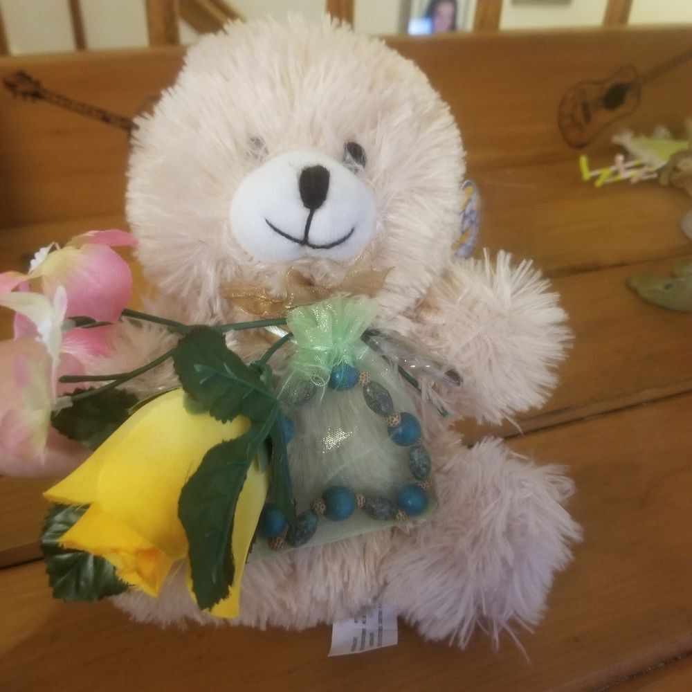 Custom Gift Teddy Bear with Handmade Beaded Bracelet and Fake Flowers